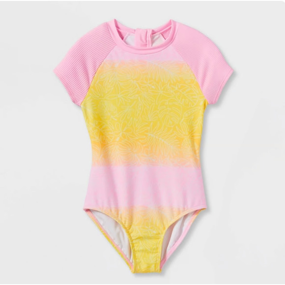 Girls' Tropical Ombre Short Sleeve Rash Guard 1 Piece Swimsuit - Cat & Jack XL - Picture 1 of 1